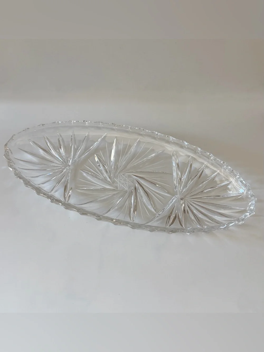 Vintage Clear Pressed Glass Starburst Pinwheel Oval Relish Dish Serving Tray